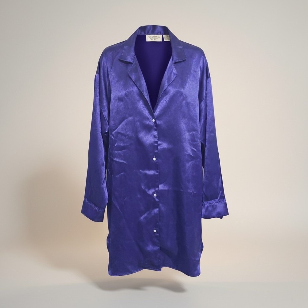 Vintage Victorias Secret Gold Label Purple Satin Nightshirt Button Front M/L